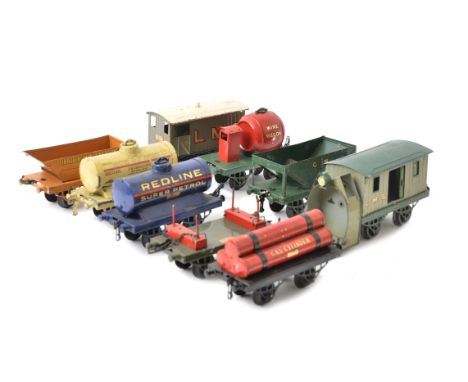 Hornby 0 Gauge Pre-war 'OAG' Freight Stock, including red/green 'single' wine wagon, GW green hopper wagon, BP and Redline ta