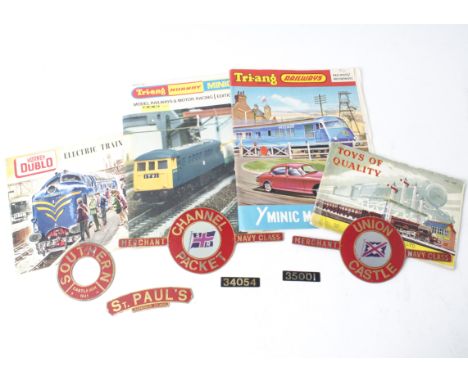 A Collection of Model Railway and Auction Catalogues and Miniature Repro SR Locomotive Nameplates, including three (incomplet