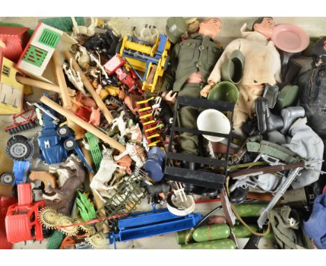 Action Man and Equipment and Farm animals Tractors and Buildings three Action Men including Diver (wet suit distressed) and a