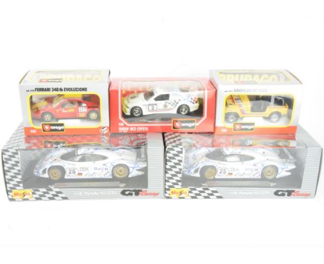 Large Scale Competition Vehicles, a boxed group of five comprising, 1:18 scale Maisto GT Racing examples 38864 Porsche 911 GT