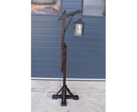 A 20th century/ modern freestanding wooden lamp base in the style of an 18th century tavern/ street lantern. Untested. 147cm 