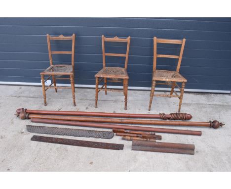 A mixed collection of antique and vintage wooden items to include 3 rush-seated style chairs in need of repair, curtain poles