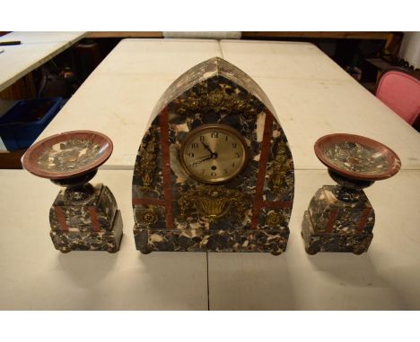 20th century French Art Deco large marble mantle clock with matching garnitures (3) Very heavy. Untested mechanism. Some chip