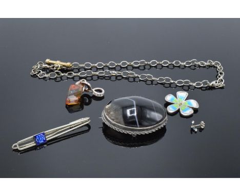 Bag of jewellery including 925 silver: Includes silver &amp; enamel pendant, single silver &amp; glass earring, large damaged