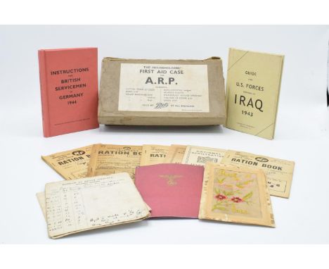 An interesting grouping of WWII memorabilia &amp; ephemera: Comprises ARP first aid kit with various items contained within, 