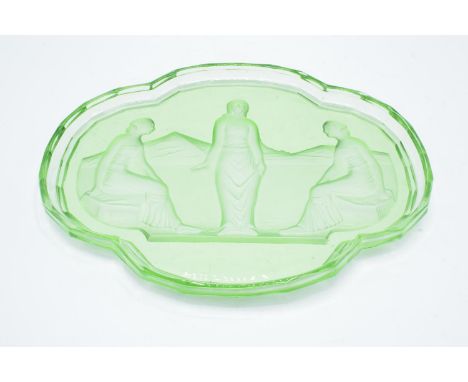 Art Deco green glass dressing table tray depicting maidens. 