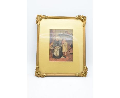 An antique print of a grandmother and a child from J Bayliss print seller in a gilt framed. In good condition with some age r