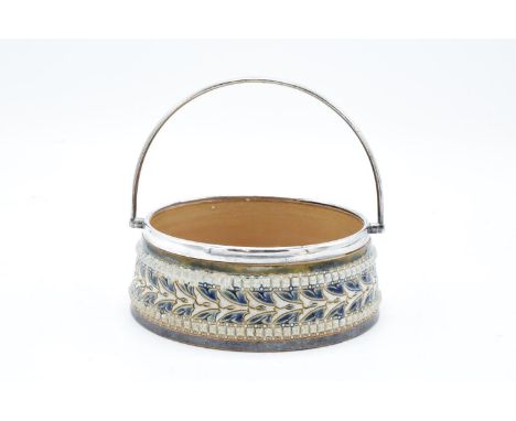 Doulton Lambeth bon-bon dish with a EPNS handle and rim by Elizabeth Atkins, circa 1880. In good condition with no obvious da