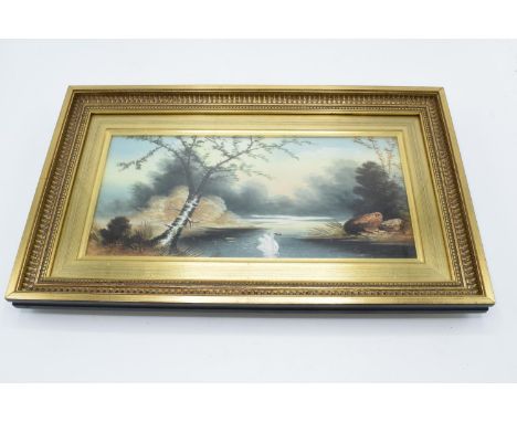 Victorian hand painted tile in later frame: Riverscape with swan, measures 40cm x 24cm including frame. 