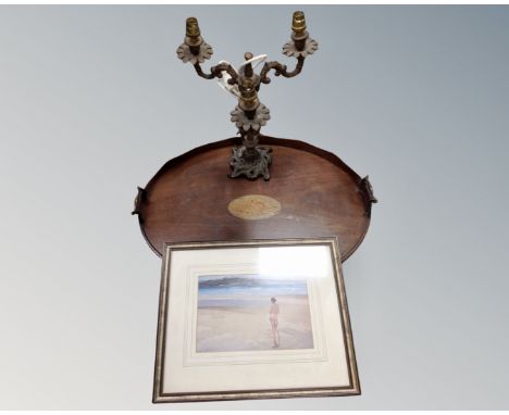 A 19th century mahogany gallery tray (AF) together with a decorative brass three way table lamp and a print after Sir William