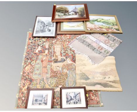 A box containing assorted pictures, Lowry prints, watercolour landscape scene, woolen rug together with an Ise Roman De La Ro
