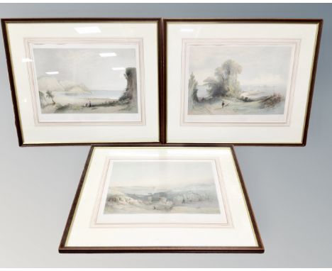 After John Le Capelain (1812-1848) three colour prints, scenes of Jersey in the 19th century, in frames and mounts. (3)