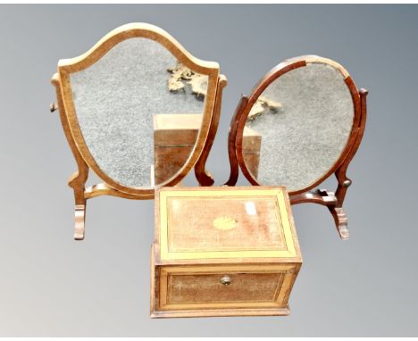 A 19th century satinwood inlaid caddy together with two 19th century dressing table mirrors 