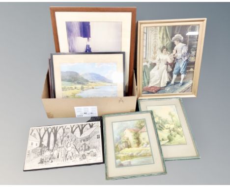 A box of assorted pictures and prints, woodblock print, watercolours, Oriental silk panel etc.