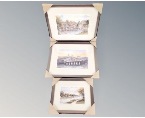 Three signed prints after Tom Macdonald depicting Corbridge, The Bridge at Corbridge and Old Durham, in frames and mounts.