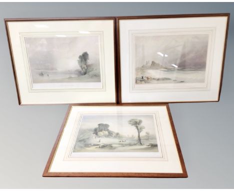 After John Le Capelain (1812-1848) three colour prints, scenes of Jersey in the 19th century, in frames and mounts. (3)