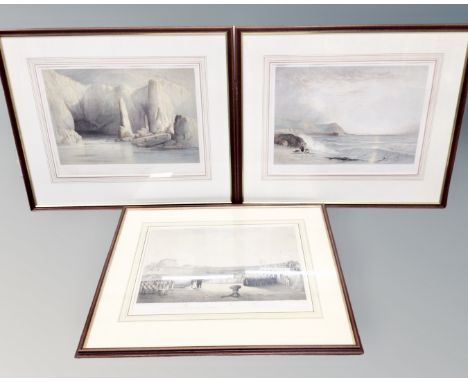 After John Le Capelain (1812-1848) three colour prints, scenes of Jersey in the 19th century, in frames and mounts. (3)