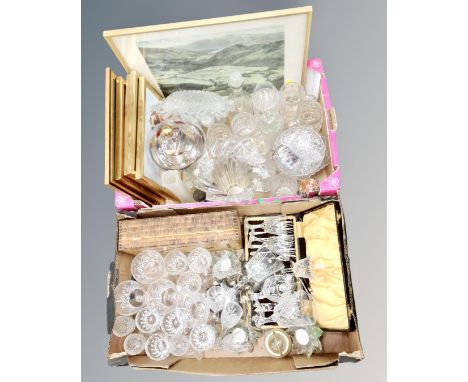 A box containing cased cutlery, a large quantity of assorted glassware, prints, wooden table box.