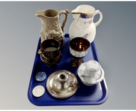 A tray containing Coalport Caughley mask-head jug, further stoneware jug, granite mortar and pestle, two pieces of copper lus