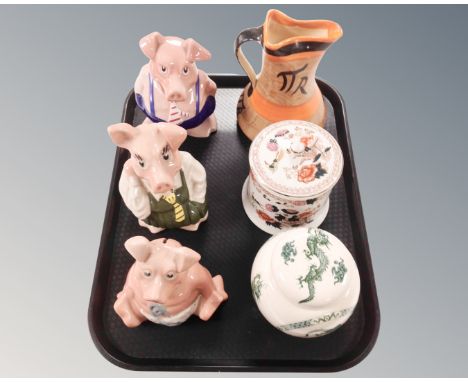 A tray containing three Wade Natwest pigs, a Masons lidded pot together with a further Sadler lidded ginger jar and a hand-pa