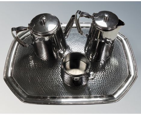A four piece Old Hall stainless steel pewter tea service on tray.