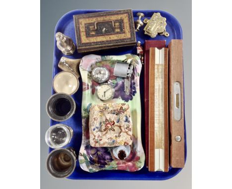 A tray containing wooden spirit level and folding rule, Maling lustre dishes, Smiths pocket watch, folding pen knife, Omega S