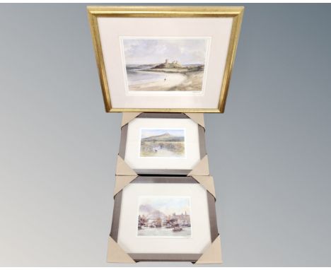 Three signed prints after Tom Macdonald depicting Dunstanburgh, Newcastle and Roseberry, in frames and mounts.