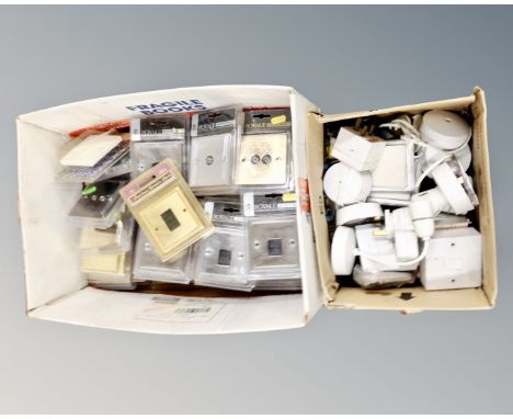 A box containing new aerial and USB socket covers together with a further box containing socket covers and light fittings.