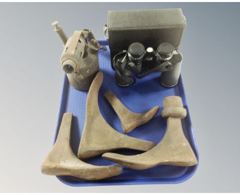A tray containing four cobbler's lasts, a vintage blow lamp and a pair of Ventora naturalist 9x14 wide angle binoculars.