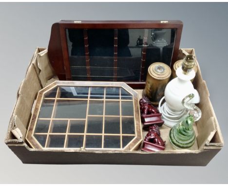 A box of alabaster lamp base, art glass paperweight, curio cabinet, spoon cabinet etc 