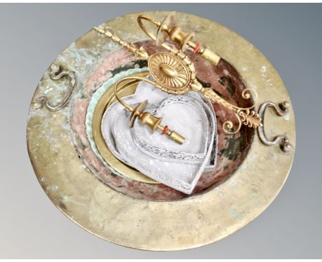 A large twin handled brass bowl and other metalware including trays, two light wall sconce etc.