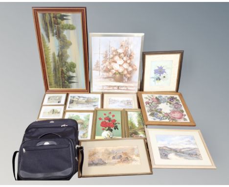 Two Samsonite bags together with a quantity of assorted pictures and prints including oils on canvas, watercolour studies etc