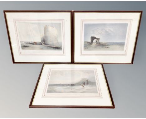 After John Le Capelain (1812-1848) three colour prints, scenes of Jersey in the 19th century, in frames and mounts. (3)