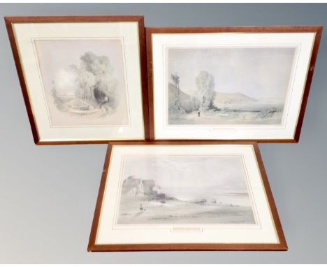 After John Le Capelain (1812-1848) three colour prints, scenes of Jersey in the 19th century, in frames and mounts. (3)