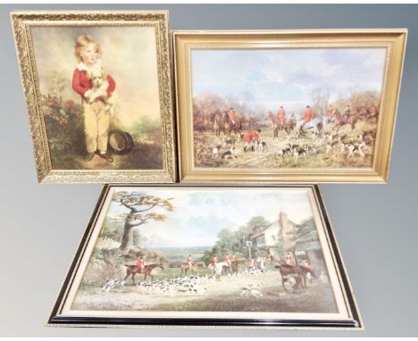 Two gilt framed fox hunting prints together with a further gilt framed portrait print of a boy with a dog.