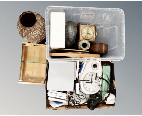 Two boxes containing a mantel clock, tabletop display boxes, dried flowers diorama in frame, clock, electricals etc.
