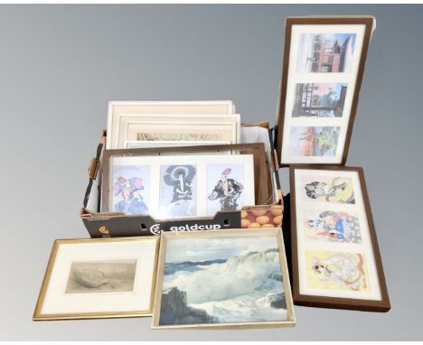 A box of assorted pictures and prints, 19th century hand coloured engraving of Cullercoats, Japanese prints etc.