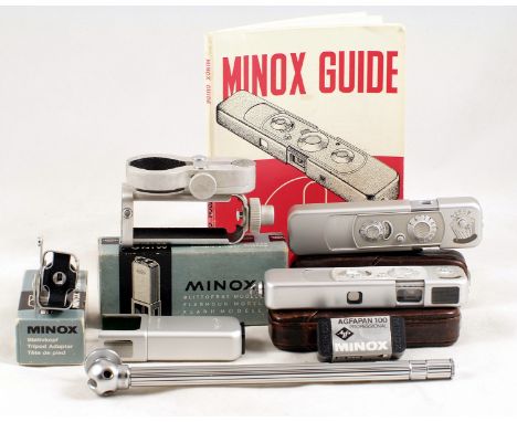 Group of Minox Sub Miniature Cameras &amp; Accessories. To include 2 cameras, one not firing, tripod, flash, binocular attach