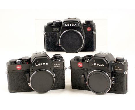 Leica R-E &amp; R3 Camera Bodies. Comprising black R-E #1797091 (condition 4/5F); black R3 Electronic # 1449436 (firing, but 