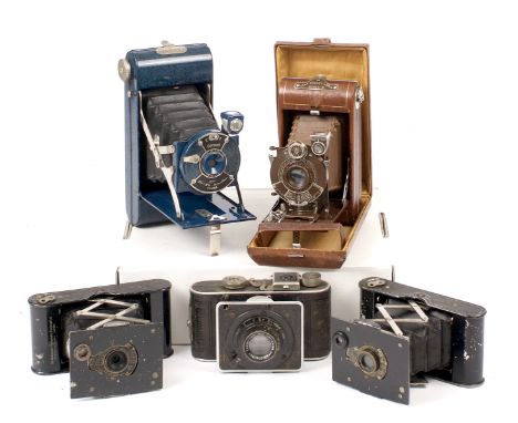 Rare Blue Ensign Coronet folding camera; Brown Vest Pocket Kodak Series III with matching case; Foth Derby &amp; 2 Kodak Vest