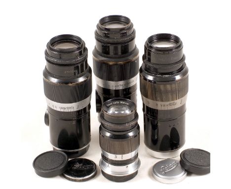 Group of 4 Leitz L39 Telephoto Lenses. Comprising 13.5cm Hektor f4.5 (feet) #370504, 13.5cm Hektor f4.5 (meters) #442311* (in