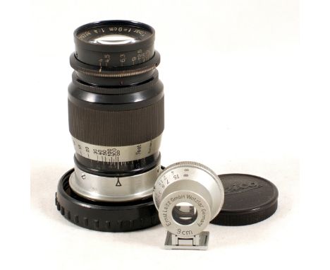 Black Leitz Elmar 9cm f4 L39 Lens #284258 (condition 5F) with front cap. Also a chrome 9cm finder, dirty/dusty inside, but st