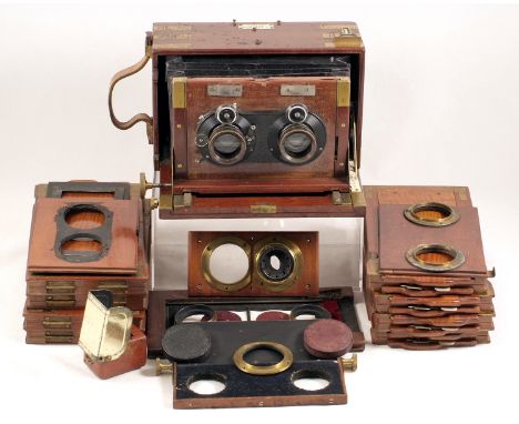 A rare Dallmeyer brass bound stereo camera, bellows version, for approx 6 3/4 x 3 1/4 inch (170x80mm) format plates. (conditi