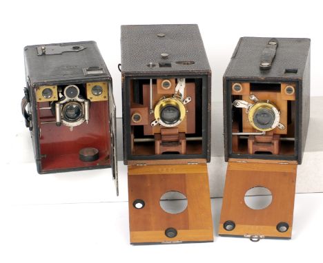 Butcher &amp; Sons Midge quarter plate; and a pair of Kodak No 4 Bullet Special (Model 99). Camera drop front openings differ