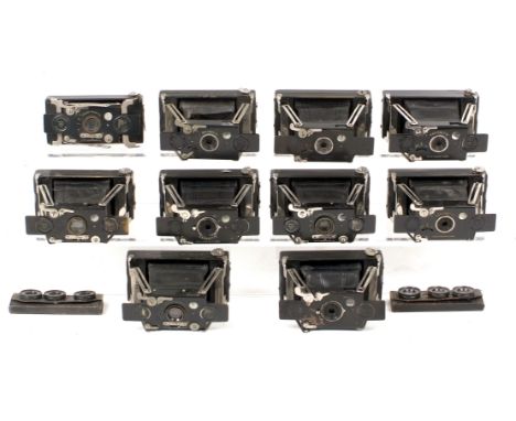 Group of 10 Small Ensign Ensignette Cameras. To include Aldis Plano and Anastigmat Versions, (2 for spares or repair, others 
