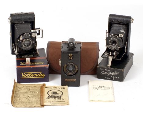 Uncommon Ansco Memo 35mm Camera (condition 5F). Also a Kodak Autographic Model B and a Nagel Vollenda in maker's boxes. (cond