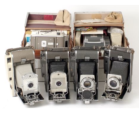 Group of Five Polaroid Land Cameras. Comprising Models 150, 800 (cracked top), Pathfinder 110A with Yasrex 127mm f4.7 (blades