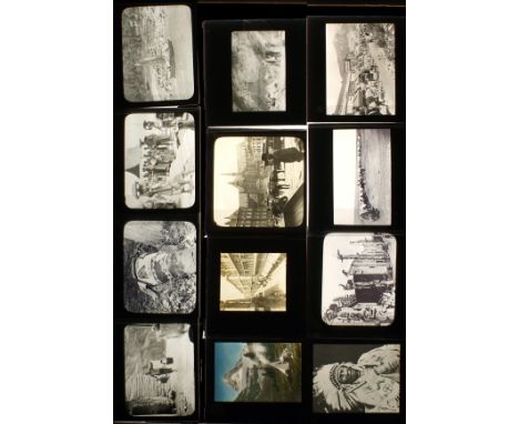 Interesting Group of 18 Magic Lantern Slides. Subjects include images of Native Americans on parade (1920s?), Chief with head