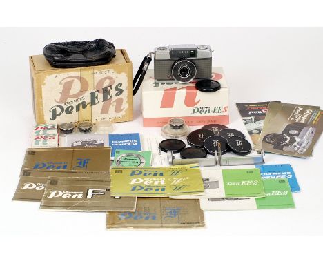 Olympus Pen EES in makers box &amp; outer; a good group of Pen F and other instruction books/manuals, inc a rare Pen W manual