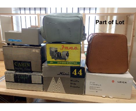 Large Box of Compact 35mm Slide Projectors. To include several Cabin models, a rare Cabin cooling attachment and a Leitz P-Co